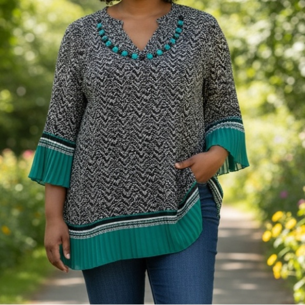 Catherines Black Teal Tunic Top 3/4 Sleeve Pleated Hem Embellished Neckline 0x